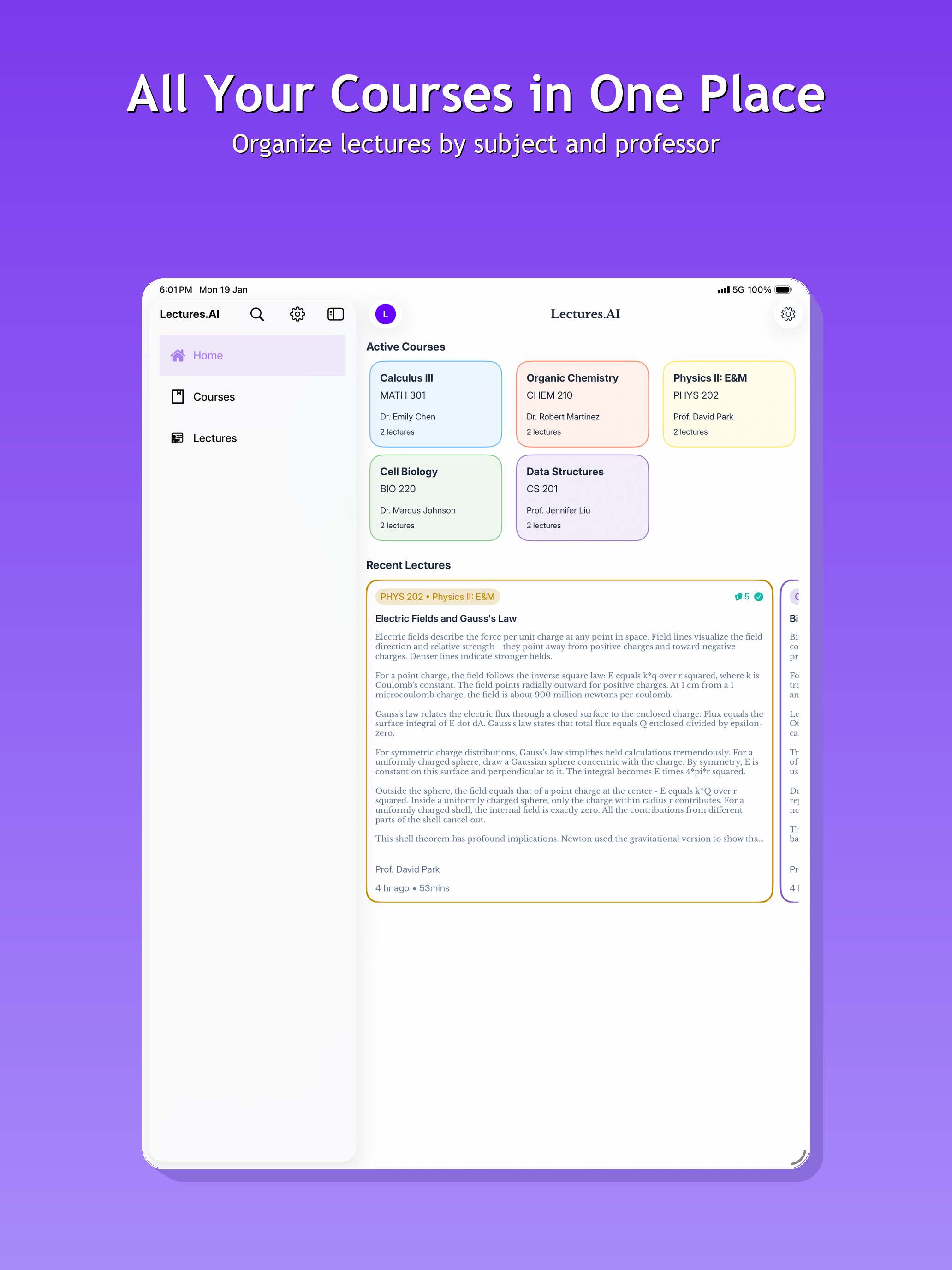 Lectures.AI on iPad - Home screen