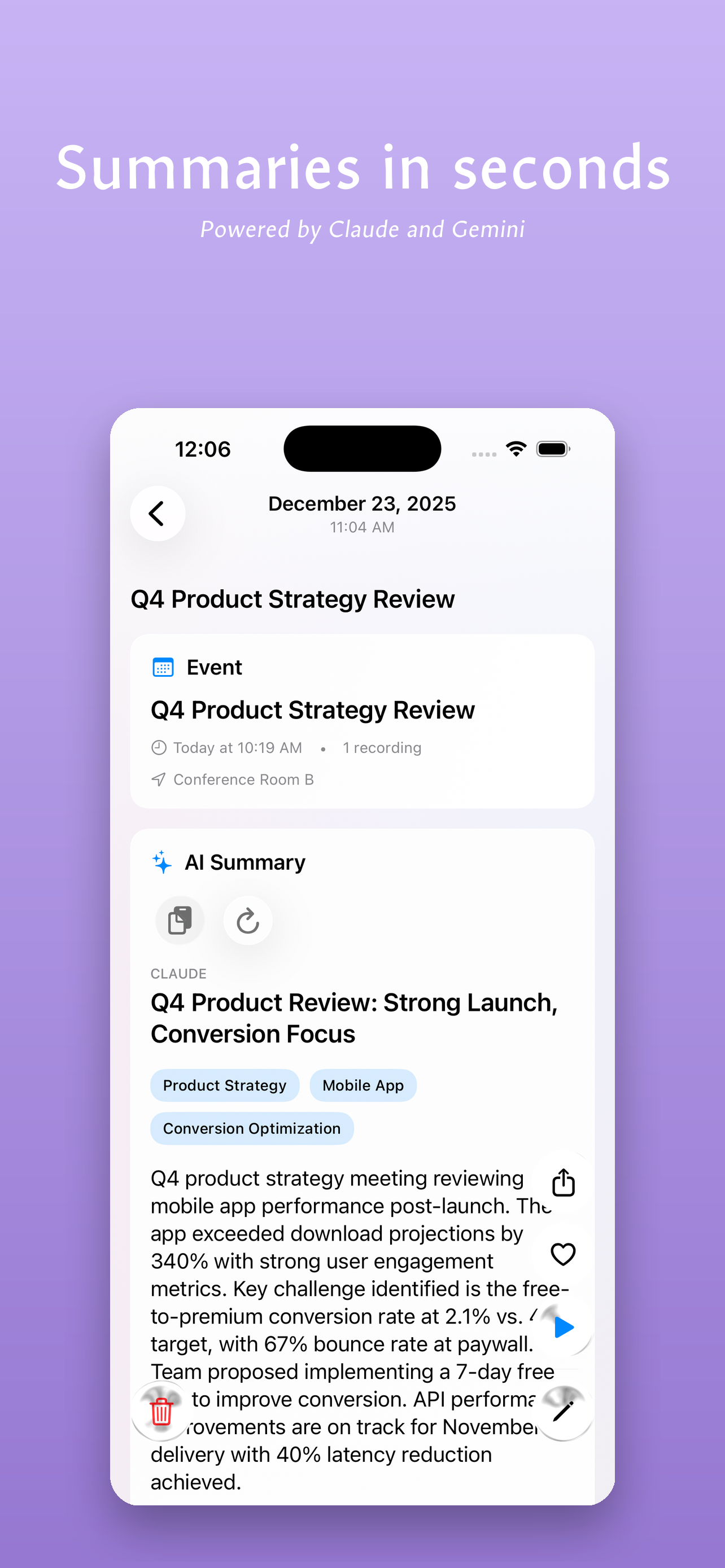 Summaries in seconds - Powered by Claude and Gemini